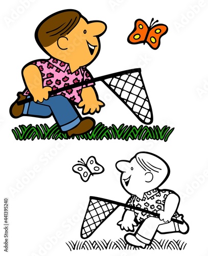 Man chasing a butterfly with a net. Comes with bonus black outline version