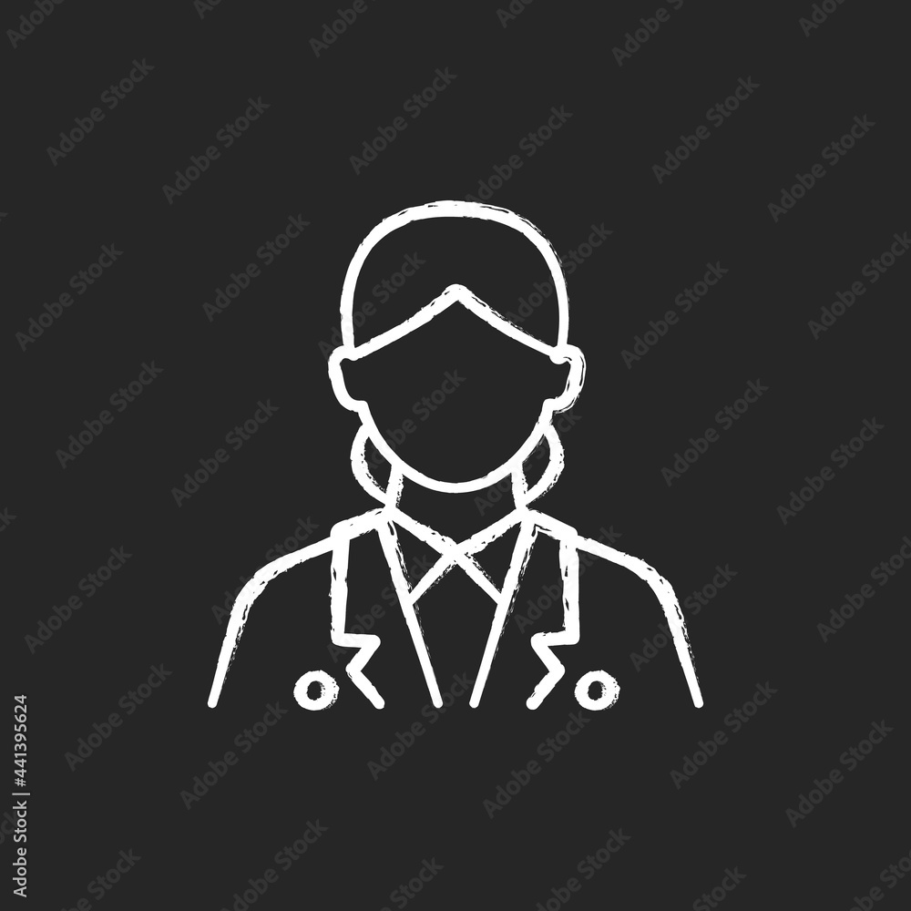 Cruise ship hostess chalk white icon on dark background. Helping passengers during traveling. Creating comfort place for vacation. Talk to visitors. Isolated vector chalkboard illustration on black Cruise ship hostess chalk white icon on dark background. Helping passengers during traveling. Creating comfort place for vacation. Talk to visitors. Isolated vector chalkboard illustration on black