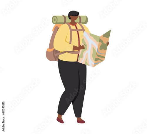 Hiker looking for route in map isolated on white background.