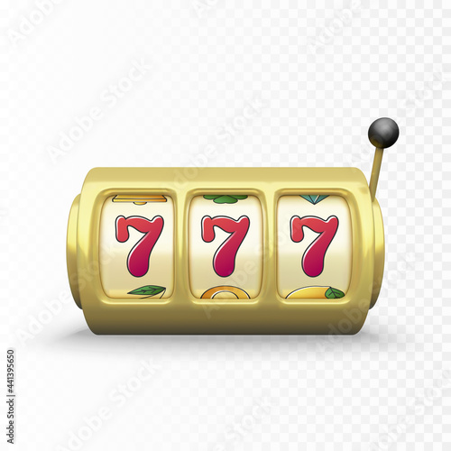 Golden slot machine realistic render. 777 big win or jackpot casino win. Vector