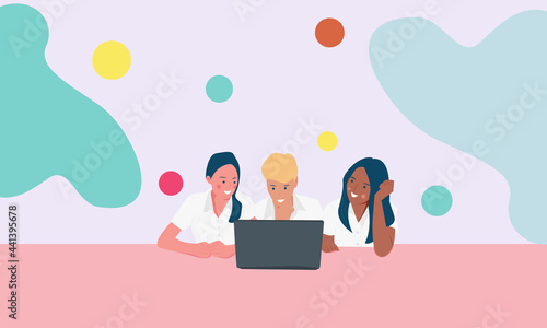 flat illustration 3 young men playing laptop