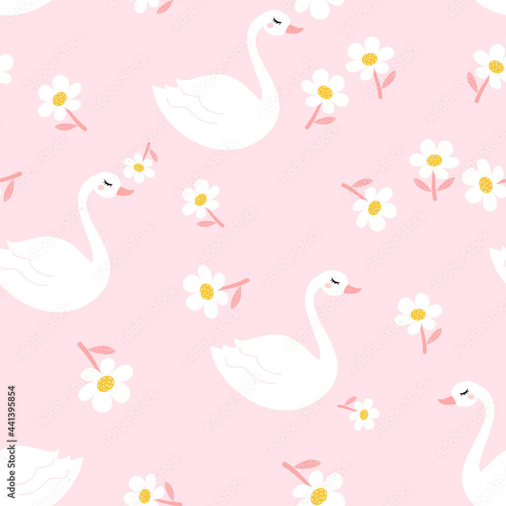 Seamless pattern with swan cartoons and daisy flower on pink background vector illustration. Seamless pattern with swan cartoons and daisy flower on pink background vector illustration.