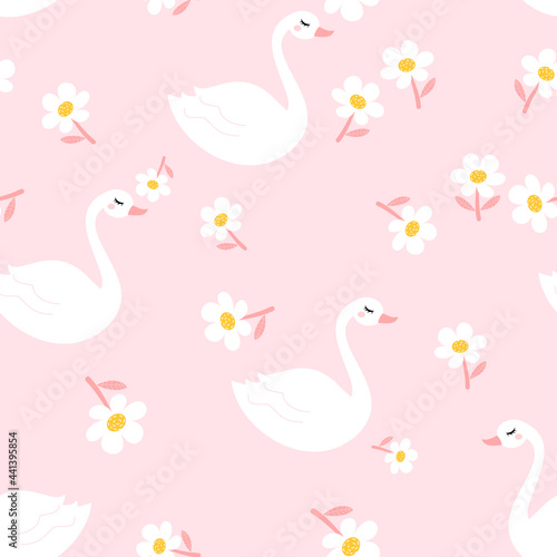 Seamless pattern with swan cartoons and daisy flower on pink background vector illustration.