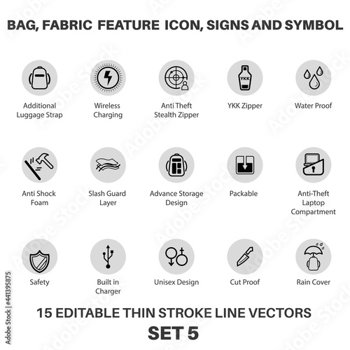 Bag and Backpack fabric feature icon, laptop bag Performance icon and symbols for tech bag and fabric, Fabric Technology properties and textile special feature signs and symbols icon set. photo