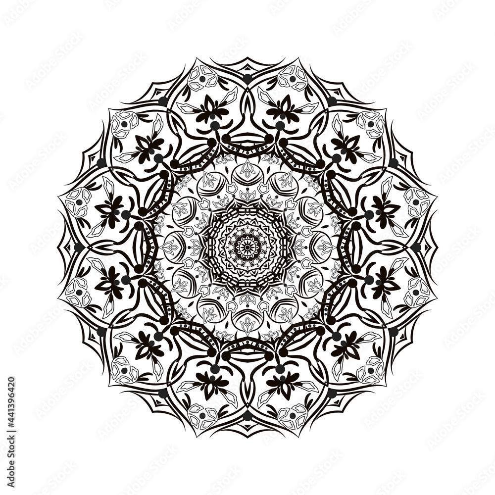 Floral round pattern. Lace. Black outline. Mandala for colouring. Floral round pattern. Lace. Black outline. Mandala for colouring.