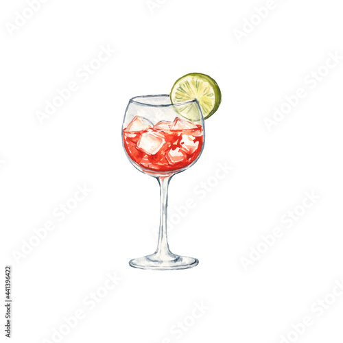 campari tonic glass cocktail in an elegant cup isolated on white background. continuous line drawing doodle minimalist design