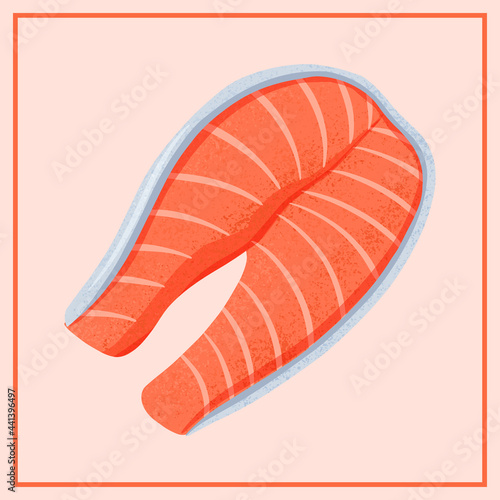 Fresh tasty salmon sea fish fillet vector hand drawn illustration isolated on red background.