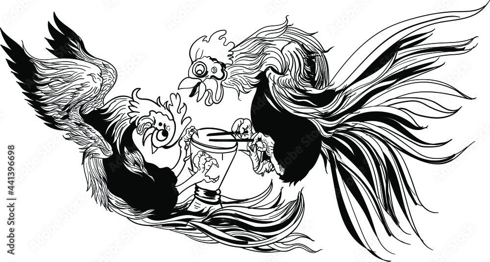 Fototapeta premium Thai Fighting chiken cartoon.Hen and Chicken are Hit the drum.