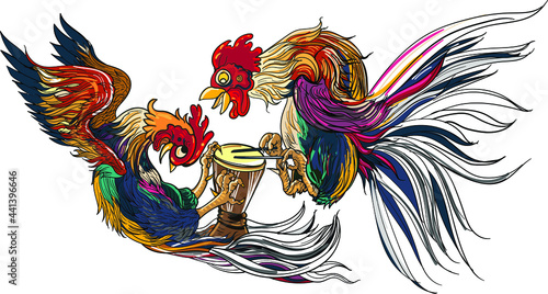 Thai Fighting chiken cartoon.Hen and Chicken are Hit the drum.