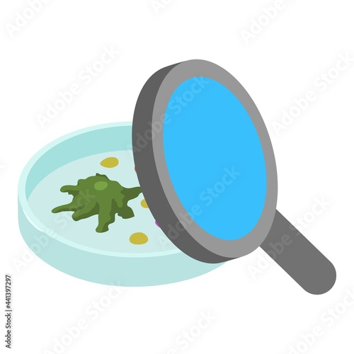 Microbiology icon isometric vector. Petri dish with bacteria culture. Magnifier microorganism research