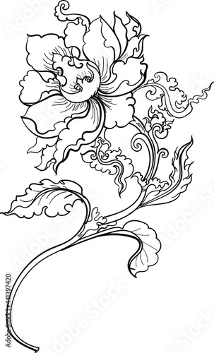 Line thai peony flower outline and isolate on white background.Hand drawn and isolate line art and vector.Sakura and cherry blossom