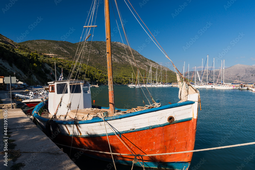 View of the port on the southeast coast of the Greek island of Kalamos in the Ionian Sea