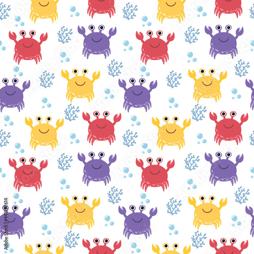 Fototapeta Naklejka Na Ścianę i Meble -  Childish seamless pattern with bright crabs. Isolated on white background. Perfect for kids apparel,fabric, textile, nursery decoration,wrapping paper