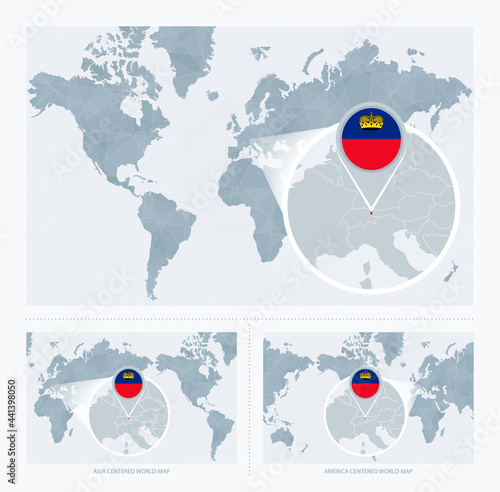 Magnified Liechtenstein over Map of the World, 3 versions of the World Map with flag and map of Liechtenstein.