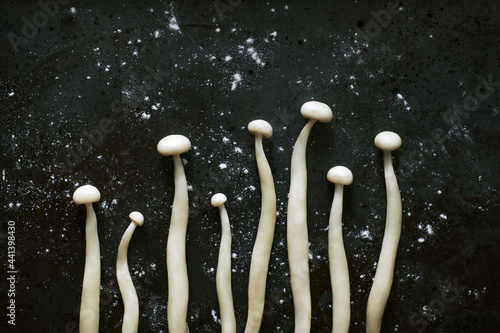 Bunch of enoki mushrooms placed on table photo