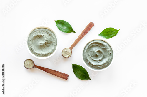 Clay for face and body care beauty treatment. Cosmetic mask, top view