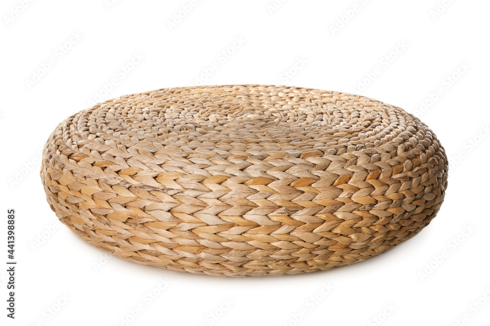 One stylish wicker pouf isolated on white One stylish wicker pouf isolated on white
