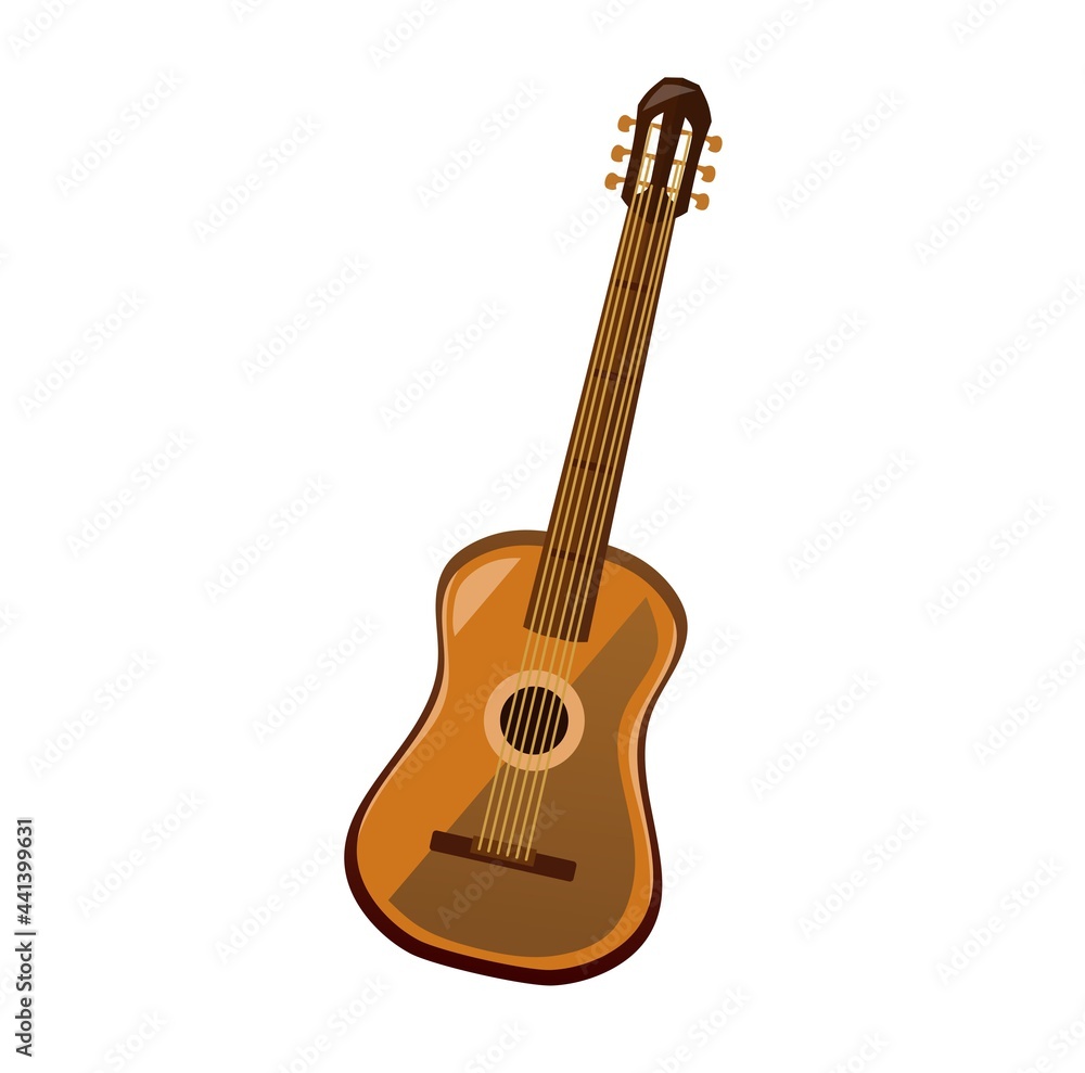 Acoustic guitar cartoon icon isolated on white background. Wooden string musical instrument Guitar flat style vector illustration.