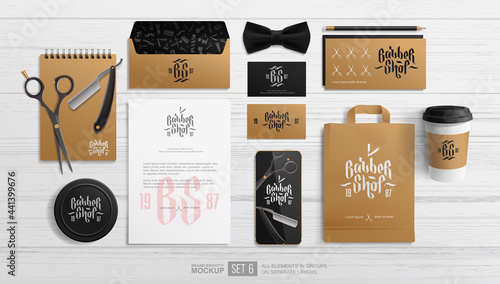 Barbershop brand identity vector mockup set. Barber shop logo with stationery items of  envelope, shopping bag, business card, gift card, package, letterhead. Company branding mockup
