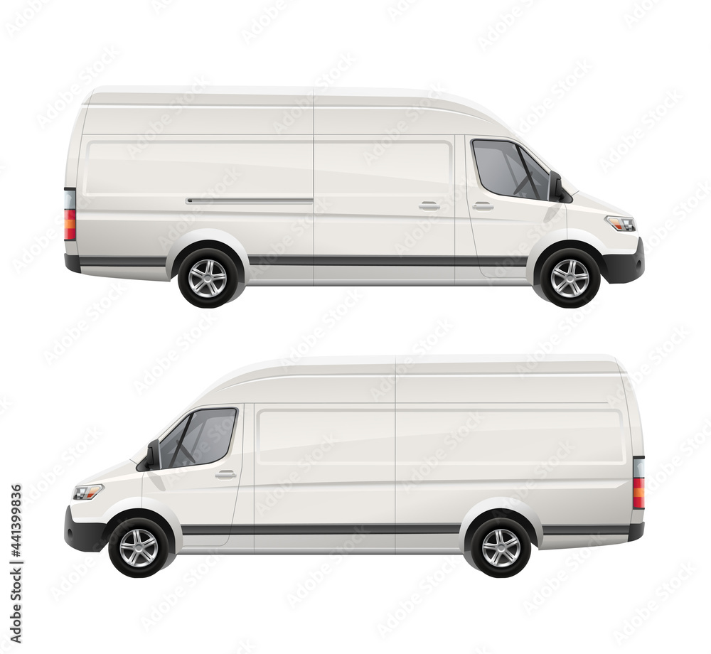 White Delivery Van realistic mockup template for Branding and Corporate identity design. White Cargo Van isolated on white background. Delivery service transport mockup