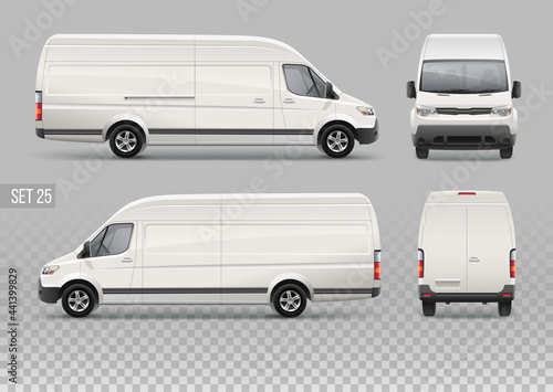 Vector Corporate Van realistic mockup template for Branding and Company identity design. White Cargo Van isolated on grey background. Delivery service transport mockup photo