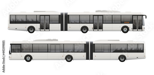 Realistic City Bus mockup template isolated on white background. Long passenger Bus for Branding identity and advertising design on transport . Blank side view Low Floor City Bus