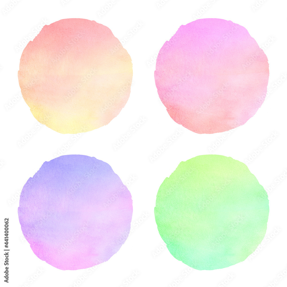 Round watercolor backgrounds set. Circle shape isolated on white. Colorful lilac, pink, neon green watercolour stains textures, text frames with creative edge. Hand drawn painted aquarelle fills.