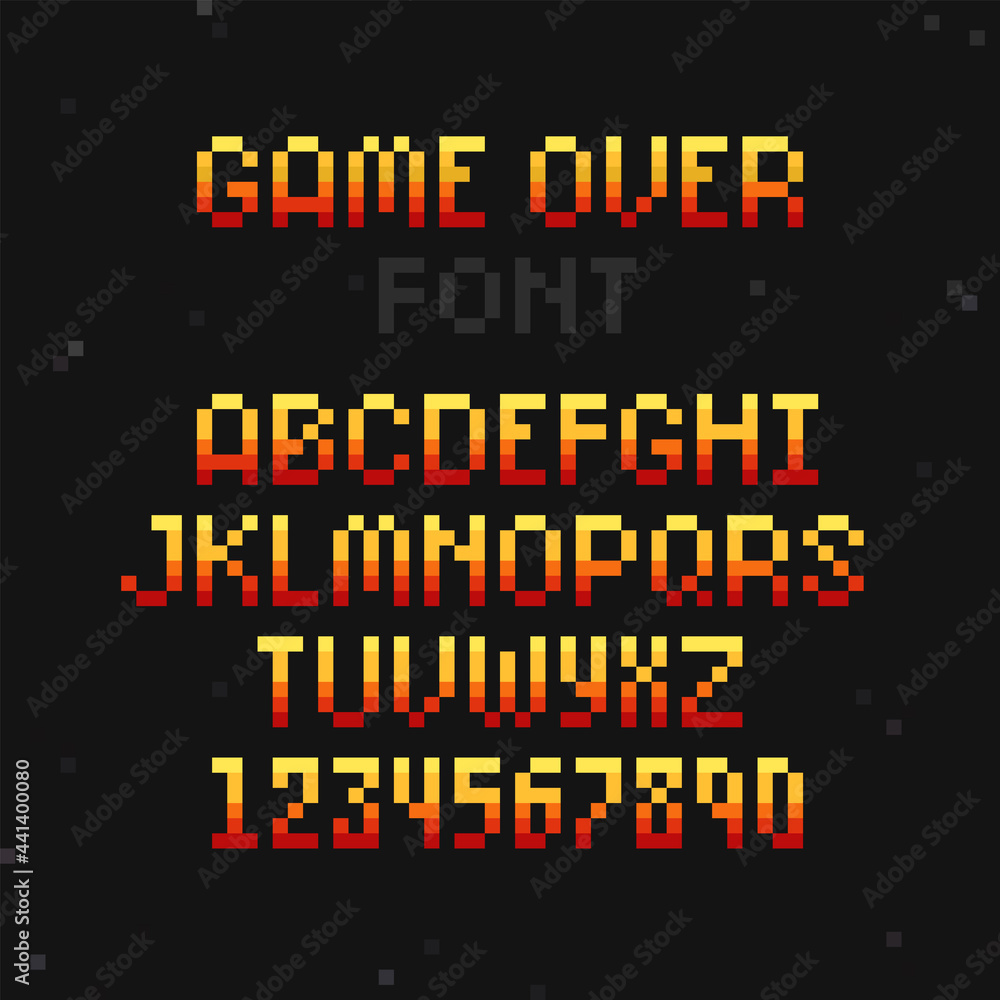 Pixel art 8 bit type font and numbers vector template for retro game design. Digital game over pixel font. Pixelated alphabet and numbers 80s - 90s style isolated on white background