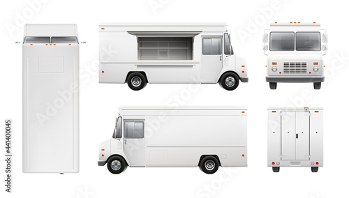 White street food truck template blank mockup for Brand Identity. Cargo truck. Realistic Delivery Service Vehicle isolated on white background for Advertising design