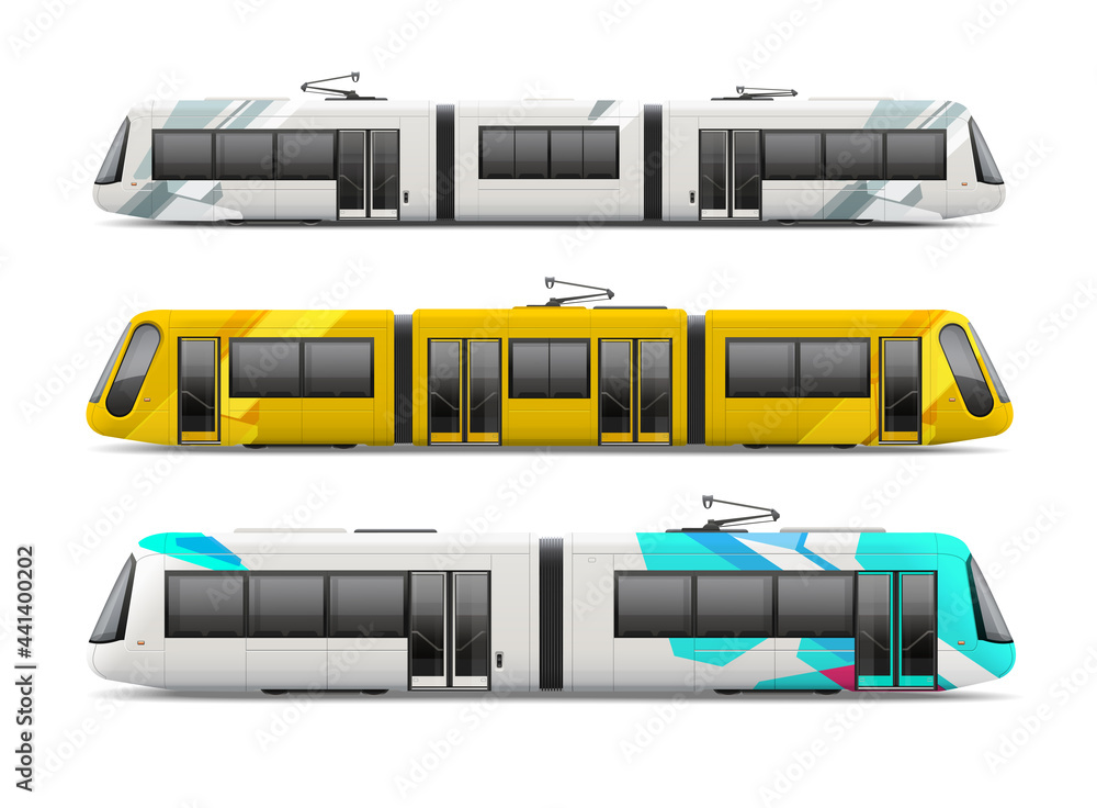 Set of passenger Tram Train, Streetcar - vector mockup template. White  metro train, Light rail train for branding identity and advertising design.  City Electric transport mockup Isolated on grey Stock Vector