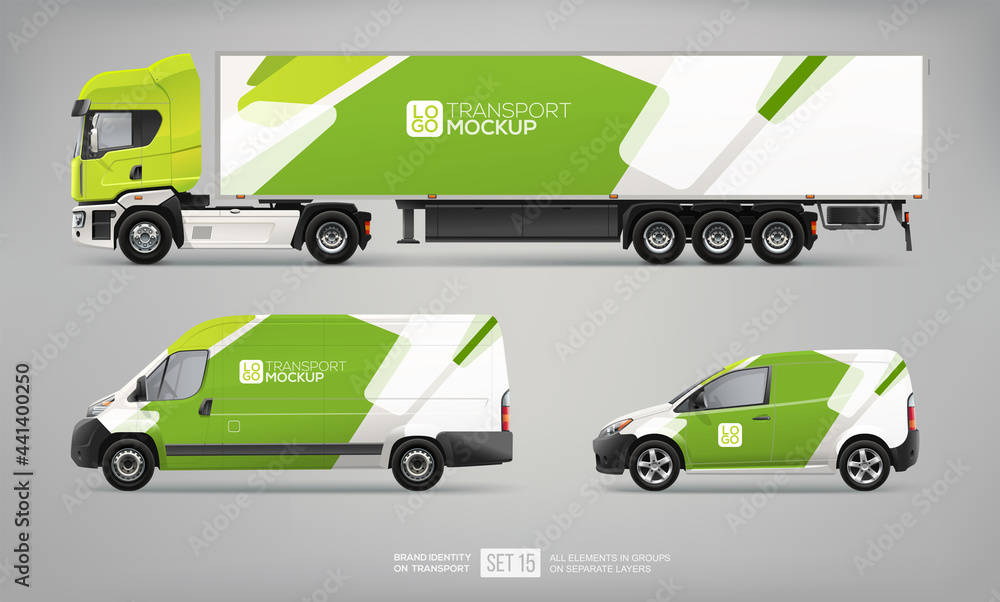 Mockup Set of Truck Trailer, Cargo Van, Delivery Car with abstract green graphic elements for transport Brand identity and Advertising. Set of delivery service Transport