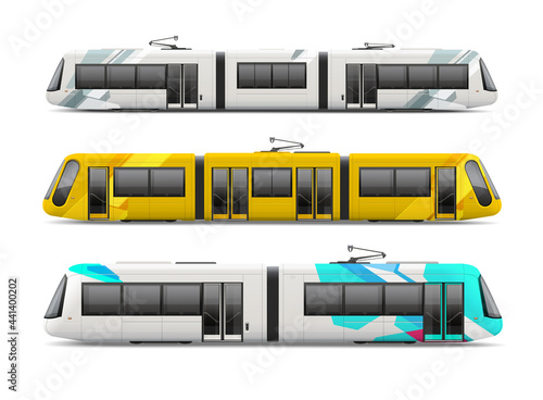 Set of passenger Tram Train, Streetcar - vector mockup template. White metro train, Light rail train for branding identity and advertising design. City Electric transport mockup Isolated on grey