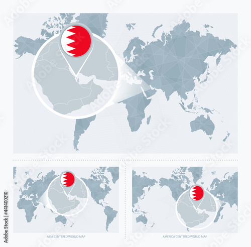 Magnified Bahrain over Map of the World, 3 versions of the World Map with flag and map of Bahrain.
