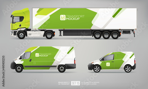 Mockup Set of Truck Trailer, Cargo Van, Delivery Car with abstract green graphic elements for transport Brand identity and Advertising. Set of delivery service Transport