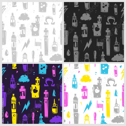 Vape shop and vaping tools vector seamless pattern set. isolated on black background for e-cigarette store, print design. Printable fashion background for print fabric, textile design