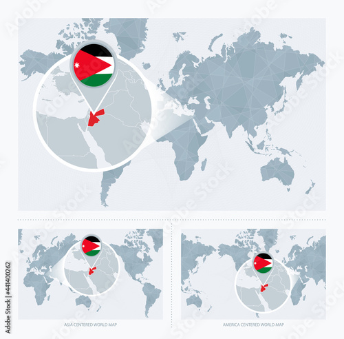 Magnified Jordan over Map of the World, 3 versions of the World Map with flag and map of Jordan.