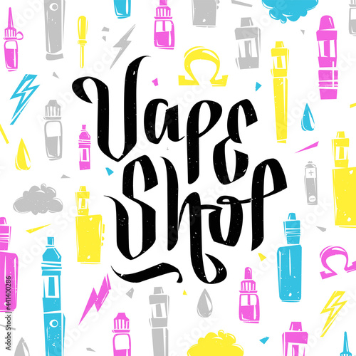Vape shop logo and vaping tools isolated on white background for e-cigarette store, print design. Vape Shop creative lettering sign or poster template