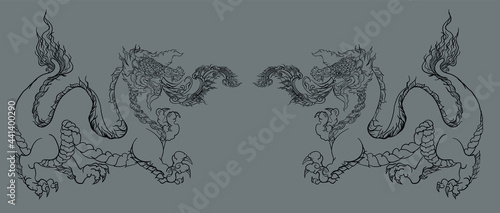 Thai Lion ,Thai Naga dragon tattoo.Line Thai drawing.traditional Thailand dragon or Lion.