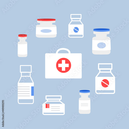 Pharmacy set. Medicines, medical products. Vector illustration in flat style.