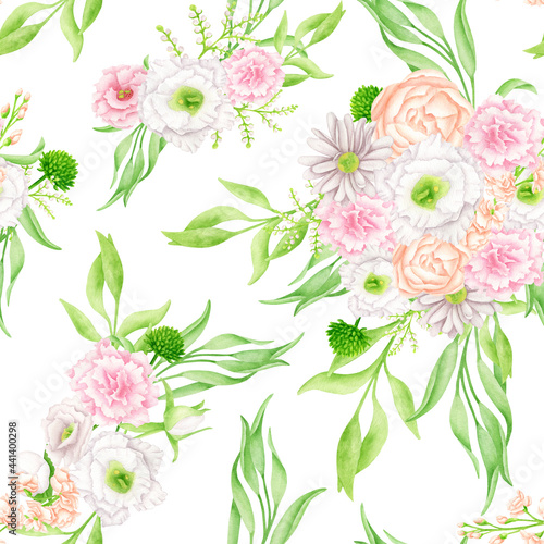 Watercolor floral seamless pattern. Lush greenery and delicate blush  white and peach color flowers isolated on white. Botanical repeated background. Illustration for wallpaper  wrapping  textile.