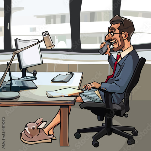 cartoon man working at home sitting at a computer desk in a jacket with tie and underpants