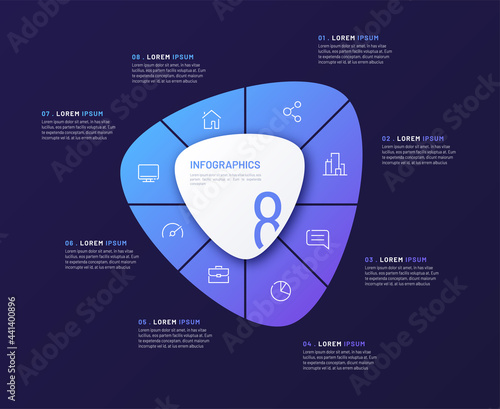 Vector circular infographic template in the form of abstract shape divided by eight parts