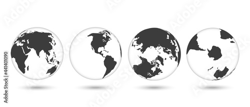 Set of transparent globes of Earth. Realistic world map in globe shape with transparent texture and shadow.