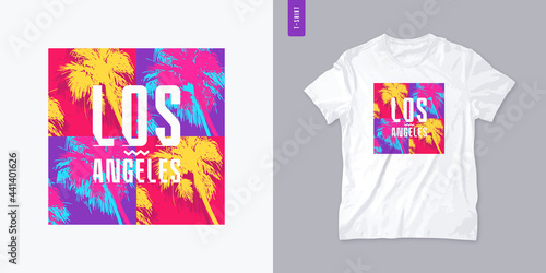 Los Angeles graphic t-shirt design with palm tress, summer retro print, colorful vector illustration