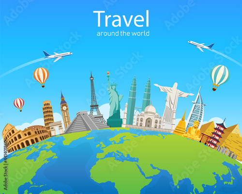 Travel around  the world of Europe, Asia and America. Famous landmarks in global. vector illustration modern flat design. Tourism business.