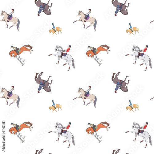 Hand drawn horses and riders seamless pattern. Cute pattern with horses, ponies and young equestrian athletes