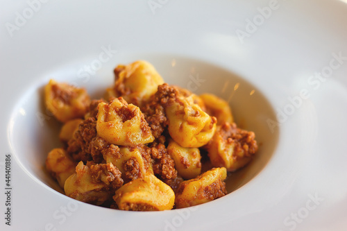 Tortellini with bolognese sauce, fresh handmae Italian pasta