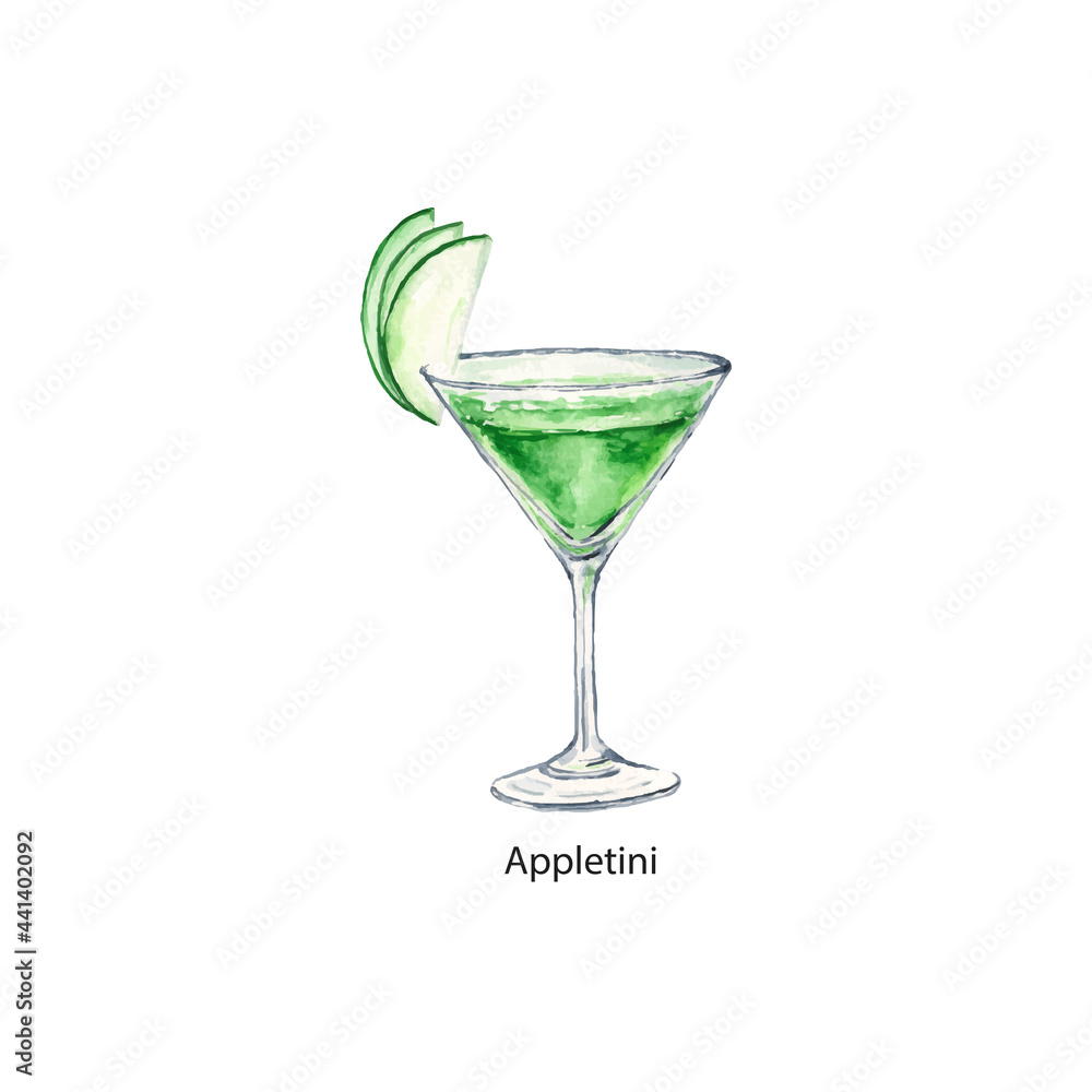 appletini glass cocktail in an elegant cup isolated on white background. continuous line drawing doodle minimalist design.