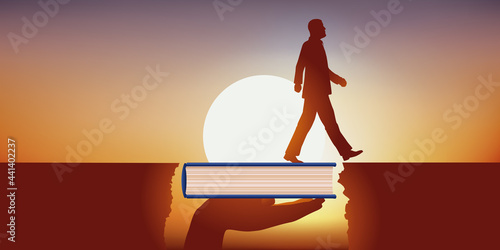 Importance de la culture et de l’éducation dans la réussite professionnelle, avec un homme qui franchit un obstacle grâce à un livre qui lui sert de pont.