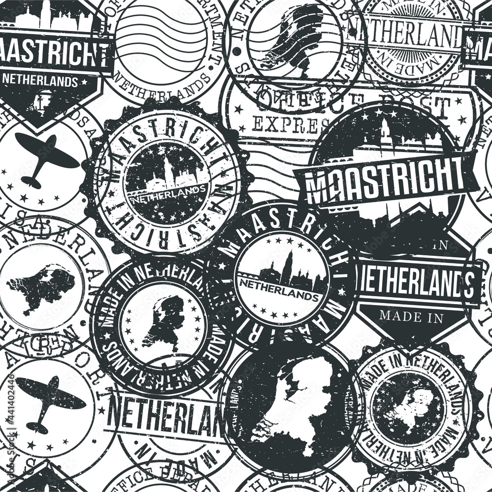 Maastricht, Netherlands Pattern of Stamps. Travel Passport Stamps. Made In Product. Design Seals in Old Style Insignia Seamless. Icon Clip Art Vector Collection.
